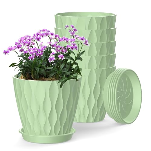 6 Inch Plant Pots, 6 Pack Indoor Flower Pots, Planters with Drainage Holes and Trays for Orchids, Violets, Succulents, Herbs, and Other Plants,Green - color: Green, size: 6inch