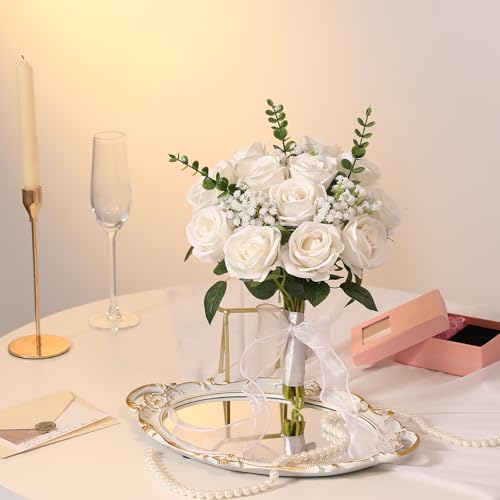Hawesome 12PCS Artificial Flowers Fake Roses, Realistic Velvet Long Stem Red Roses Bouquet for Wedding Centerpiece Home Decor Party & Valentines (White) - color: White