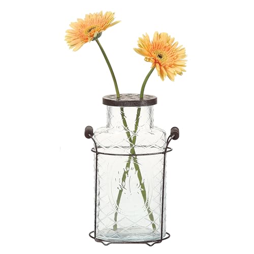Creative Co-Op Glass vase in Metal Stand with Metal Frog Lid - size: Large