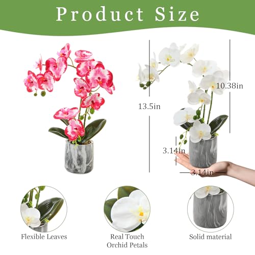 Fake Orchids Flowers in Pot Bendable Faux Orchids Artificial Flowers Washable Silk Orchid Phalaenopsis Decor for Home Wedding Table Centerpiece Bathroom Office - color: 1 Pot White +1 Pot Red Pink
