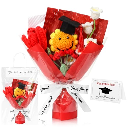 2026 Graduation Crochet Flowers Bouquet Gifts Class of 2026 Graduation Gift for Her Sunflower Mortarboard with Greeting Cards Bag Handmade Knitted Artificial Flowers for Grad(Red) - color: Red