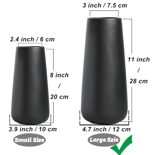 11 Inch Tall Matt Black Ceramic Vase for Flowers & Pampas Grass, Classic Rustic Style Decorative Vases for Home Decor Table Centerpieces - color: Matt Black