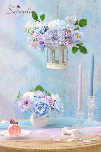 Serwalin Artificial Blue & Purple Flowers, Silk Fake Flowers for DIY Wedding Bouquets Cake Flowers, Table Centerpieces Baby Shower Birthday Party Home Decorations - color: Blue & Purple, size: Grand
