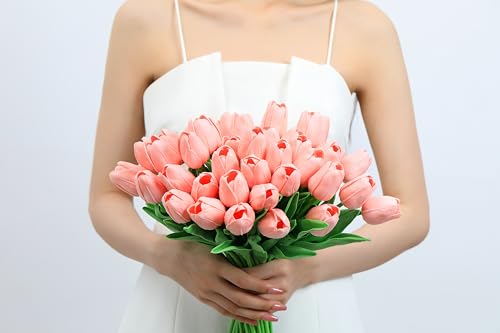 20pcs Pink Tulips Artificial Flowers Fake Silk Tulips Real Touch Flowers for Spring Kitchen Wedding Home Decor Arrangements Easter Decor 14 Inch - color: Pink