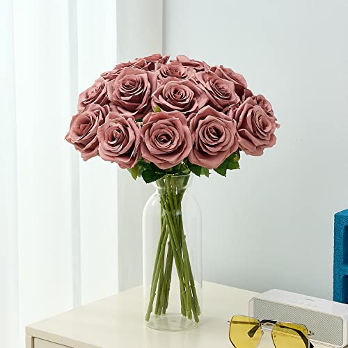 15pcs Dusty Rose Artificial Flowers Roses Fake Silk Flowers Faux Long Stem Artificial Roses for Wedding Party Bridal Show Decorations (VASE is NOT INVLUDED) - color: Dusty Rose