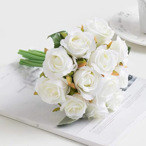 Jasion Artificial Roses Silk Fake Flowers 12 Heads DIY Arrangement Bouquet for Home Office Table Centerpieces Bridal Wedding Easter Decoration Without Vase (Spring White) - color: Spring White