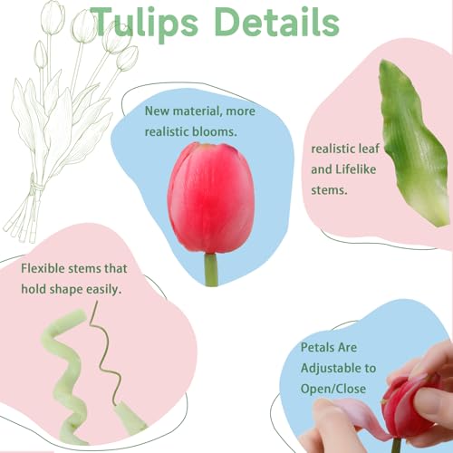 15 Pcs Deep Pink Artificial Tulips Fake Flowers, Premium Latex Lifelike Texture, UV Resistant Waterproof Faux Tulip Bouquets with Snap-on Petals for Outdoor, Home, Wedding Decor - color: Deep Pink