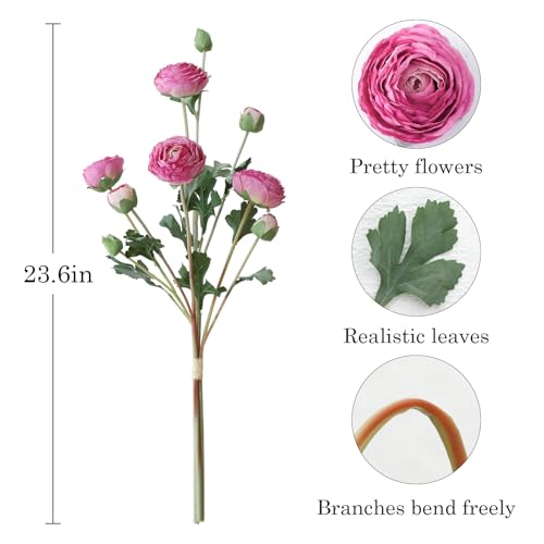 6Pcs Realistic Silk Purple Ranunculus Artificial Flowers Long Stems, 23.6" Tall Fake Flowers Faux Flowers Suit for Year-Round Home Decoration, Wedding, Bridal Bouquets, Office - color: Purple