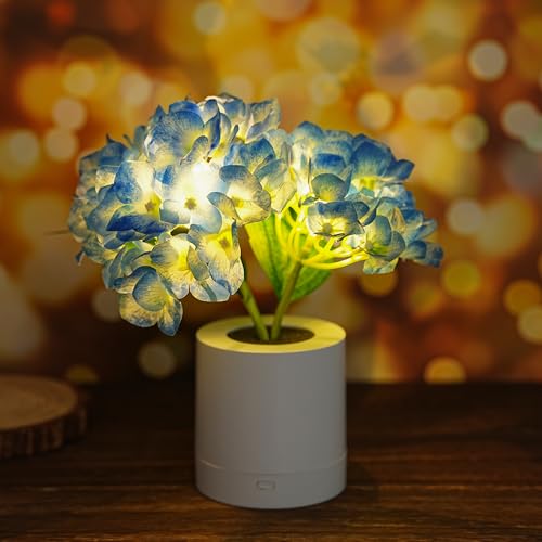 WSYEAR Blue Artificial Hydrangea LED Flower Lamp -Christmas Birthday Gifts for Women, Artificial Hydrangea Flower Table Lamp Decor for Bedroom Bar Coffee Shop Wedding - color: Blue Hydrangea