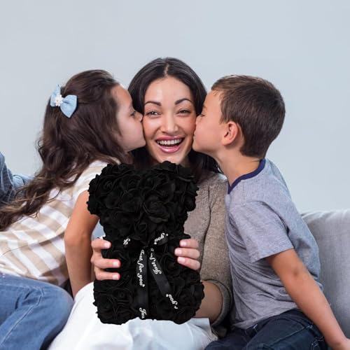 DuHouse Rose Bear Rose Teddy Bear Flower Gift Box for Valentines Gifts Anniversary Christmas,Birthdays Bridal Showers -Fully Handmade 10 inch Flower Bear Clear Gift Box(Black with Necklaces) - color: Black With Necklaces
