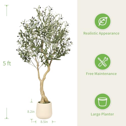 Realead Olive Trees Artificial Indoor - 5FT Faux Olive Tree with White Tall Exquisite Planter - Realistic Fake Olive Tree with Thick Trunk and Lifelike Branches for Home Office Decor - size: 5ft