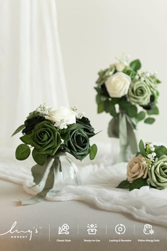 Ling's moment Artificial Flowers, 25Pcs 3" Roses in Sage Shades, Realistic DIY Foam Floral Decor for Wedding Bouquets/Centerpieces, Outdoor Party Backdrops, Room/Table, and Garden/Pot Decorations - color: Shades of Emerald & Tawny Beige, size: 25Pcs