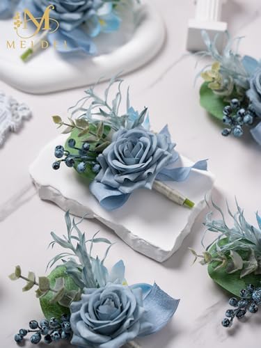 Dusty Blue Rose Boutonniere for Men,Set of 6,Groomsmen Groom Boutonnieres for Wedding Corsage Ceremony Anniversary, Formal Dinner Party, Fall Vintage Rustic Marriage Prom Flower - color: 6pcs Blue Boutonnieres