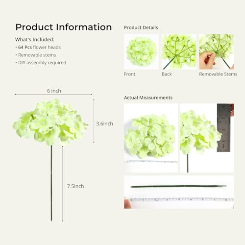 Auihiay 64 PCS Full Hydrangea Flowers, Silk Hydrangea Artificial Flowers Heads with Stems, Artificial Flowers for Wedding, Garden, Baby Shower, Party, Outdoor Indoor Decoration (Light Green) - color: Light Green