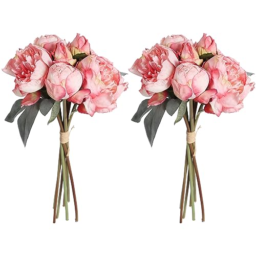 Pink Peonies Artificial Flowers 2 Bouquets Vintage Fake Peonies 14pcs Heads Silk Flowers with Stems for Wedding Decoration Bride Bouquet Faux Flowers Crafts Floral Arrangement (Pink) - color: Pink