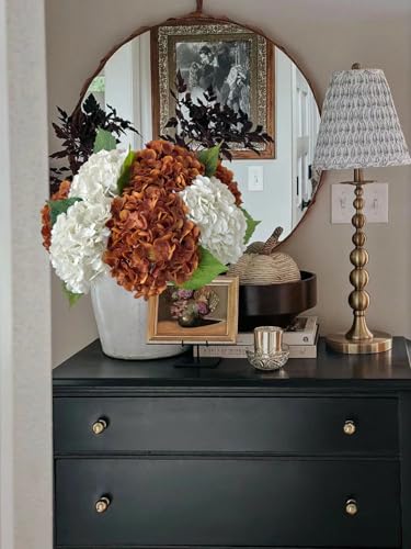 YalzoneMet 2 White 2 Orange Brown Hydrangea Artificial Flower Lifelike 21'' Long Stem Real Touch Hydrangea Latex Flower Bouquets for Fall Home Decor Bronze Vintage Boho Table Centerpiece - color: White Orange Bronze