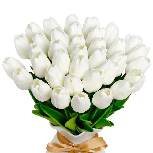 36 Pcs Tulips Artificial Flowers, 13 Inches Real Touch PU Fake Tulips for Wedding Bouquets, Home Decor - color: White
