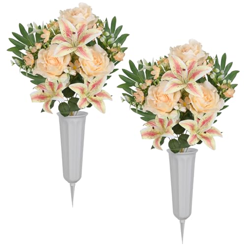 2Sets Artificial Cemetery Flowers with Cemetery Vase Artificial Rose Lily Memorial Graveyard Bouquets for Memorial Day Cemetery Headstones Outdoor Grave Decorations(Champagne) - color: Champange
