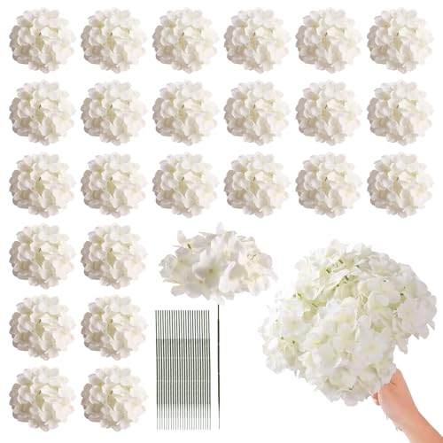 Tifuly 24 Pcs White Hydrangea Artificial Flowers Bulk, Faux Hydrangea Full Flowers Heads with Stems, Fake Silk Flowers for Wedding, Garden, Home, Party Decoration - color: White