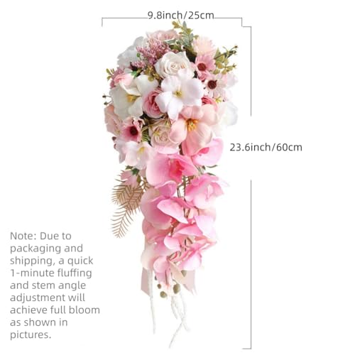 9.8 Inch Cascading Bridal Bouquet Waterfall Cascade Wedding Bouquet Bride with Artificial Rose Phalaenopsis Orchid Flower Beach Tropical Wedding Ceremony Bouquet Hot Pink and Blush Pink - color: Hot Pink & Blush Pink