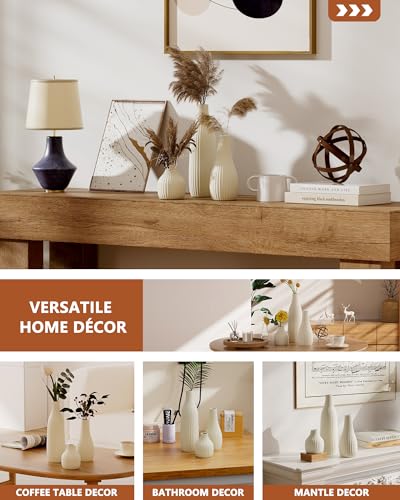 Decorative Flower Vase Set of 3 - Modern Boho Style Beige Vases, Ribbed Textures Ceramic Vase for Home Decor Shelf Bookshelf Mantle TV Stand Entryway Console, Dining Table Centerpiece Decor - color: Beige White