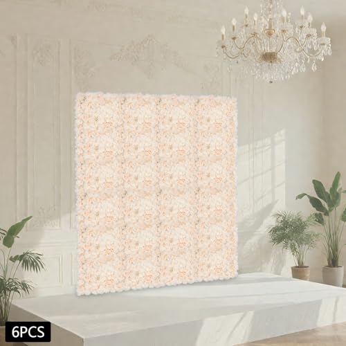3D Artificial Flower Wall Panels 6 Pack 23.62'' x 15.74'' Silk & Plastic Flower Backdrop, Handmade with Champagne Roses/Hydrangeas/Dahlias, Decor for Wedding Party Home Garden Wall Decorations - color: 6pcs Champagne Rose+dahlia+hydrangea