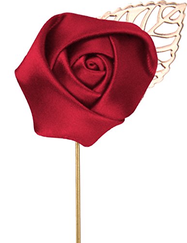 Flairs New York Gentleman's Essentials Premium Handmade Flower Lapel Pin Boutonniere - color: Crimson Red [Rose Gold Leaf]