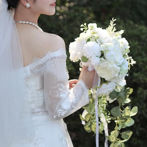 10 Inch White Rose Bouquets for Bride Spring Wedding Cascading Bridal Bouquet Ivory White Sage Green Artificial Silk Flower Winter Boho Rustic Ceremony Anniversary Decor Toss Bouquet - color: White Rose