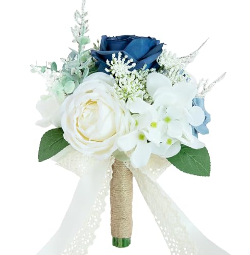 Wedding Bouquets for Bride Bridesmaid, Artificial Dusty Blue Bride Flower Bouquet for Wedding Church Decoration Ceremony, Anniversary, etc, Roses Flowers - color: Dusty Blue & Ivory & Navy Blue