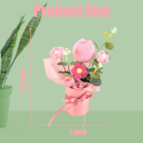 Crochet Flower Bouquet for Gift: Handmade Knitted Tulip Bouquet for Birthday Wedding Festival Valentine's Day Graduation Home Decor (Pink) - color: Pink