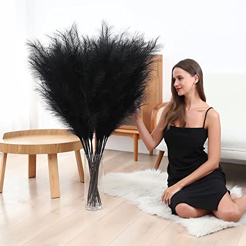 8 Pcs 45 inch Tall Faux Pampas Grass Decor, Large Artificial Black Pompous Grass Bulk, Long Fake Pompas for Floor Vase Filler, Wedding, Baby Shower, Home and Boho Decor (Black) - color: Black