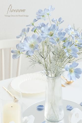 Floroom 5 Pcs Artificial Flowers Power Blue Fake Cosmos Faux Silk Flower for Indoor Home Decor, Party Arrangements, Wedding Bouquets, Floral Table Centerpieces, and Decorations - color: Powder Blue