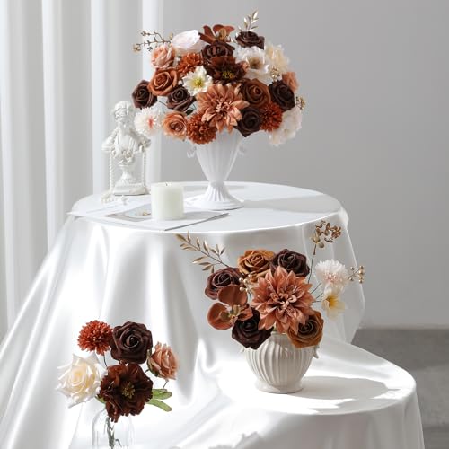 Floweroyal Artificial Flowers Fake Rose Flowers Dahlia with Stems for DIY Wedding Bridal Bouquets, Baby Shower, Floral Arrangement, Table Centerpieces, Home Decorations - color: Dark Brown