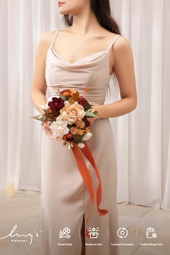Ling's moment Terracotta Artificial Wedding Flower Bouquets for Bridesmaids Burnt Orange Floral Bouquet Rust Bridal Bouquets for Bridesmaids with Ribbon Ceremony Anniversary,7-inch Diameter - color: Or-gradual Terracotta