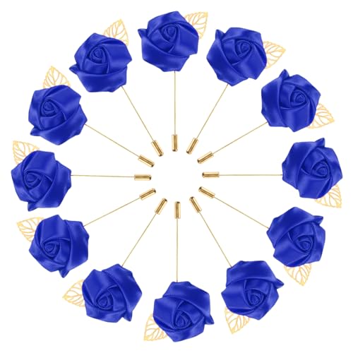 M METERXITY 12-Pack Flower Lapel Pins for Men, Golden Leaf Rose Boutonnieres Pin for Wedding/Dance/Party, Mens Lapel Pins for Suits Satin Flower Corsage Hat Pins [Sapphire Blue] - color: Sapphire Blue