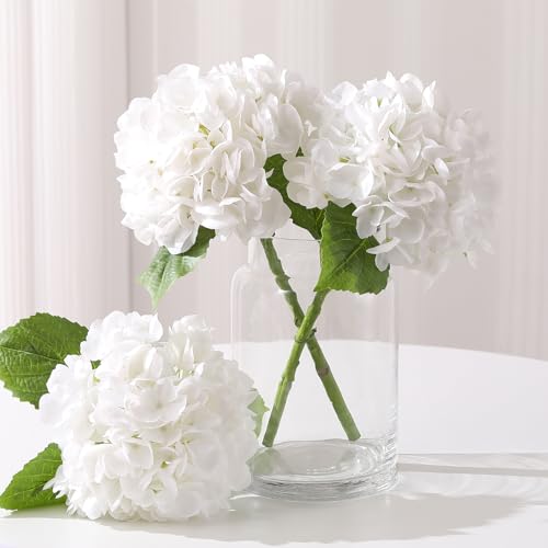 Nubry 2Pcs White Hydrangea Artificial Flowers, 22.5In Latex Faux Real Touch Large Hydrangea Flowers with Long Stems & Leaves for Home Office Decor Wedding Party Arrangements(White) - color: White, size: 2 Pcs