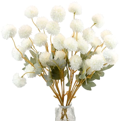 Mandy's 6 Stems Silk Ivory Kiku Ball Flowers | Artificial Chrysanthemum Stems for Home Summer Décor Realistic Faux Floral Arrangement Minimalist Elegant Style - color: Ivory