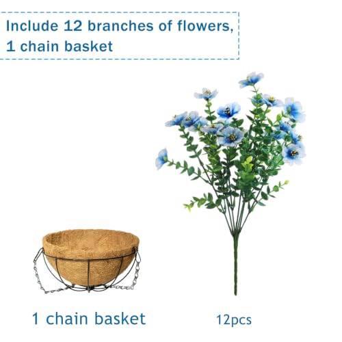Artificial Hanging Flowers for Outdoors with Basket,UV Resistant Realistic Faux Hanging Plants Outdoor Artificial Flowers for Outdoors Basket for Yard Porch Patio,12 Bundles(Blue White) - color: Blue and White