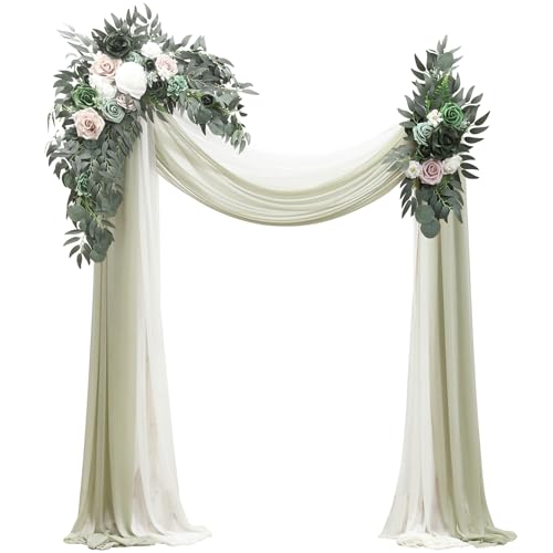 Floroom Arch Flowers with Drapes Kit (Pack of 4) - 2pcs Artificial Emerald & Sage Green Floral Swag Arrangement with 2pcs Draping Fabric for Wedding Ceremony Arbor and Reception Backdrop Decoration - color: Emerald & Sage Green