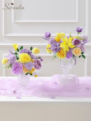 Serwalin Artificial Yellow & Purple Flowers, Silk Fake Roses Flowers, Faux Flowers for DIY Wedding Bouquets Cake Decoration Baby Shower Centerpieces Floral Arrangements Party Decor - color: Purple & Yellow, size: Grand