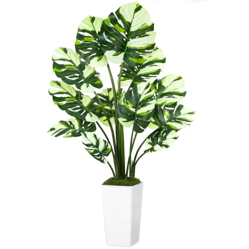 UPBUD Artificial Monstera Deliciosa Plant, 5FT Fake Tree with Real Touch Leaves & White Square Planter, 60in Tall Faux Plants Floor Trees for Indoor Outdoor Home Living Room Office Decor - color: White Leaves White Planter
