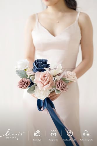 Ling's Moment Fake Flowers Box, Faux Artificial Greenery Stems Foam Roses Silk Orchid Fabic Flower for Centerpieces Bouquet Wedding Table Floral Vase Bridal Shower Party, Dusty Rose & Navy, Mini Combo - color: Dusty Rose & Navy