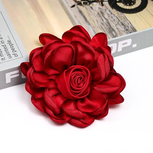 Dainty Satin Rose Flower Brooch Pins for Women Delicate Large Camellia Pins Shawl Clips Duckbill Clips Wedding Prom Banquet Party Jewelry Gift - color: Red