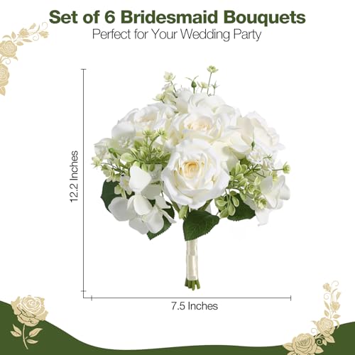 Bridesmaid Bouquets Set of 6, 7.5-Inch Wide Artificial Silk Rose & Hydrangea Wedding Bouquets for Party, Ceremony, Bridal Shower, Wedding Decor (Ivory) - color: Ivory