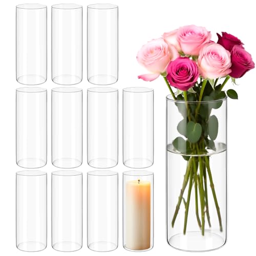 12Pack Glass Cylinder Vases for Centerpieces - 8 Inch Tall Flower Vase for Wedding Decorations, Floating Candle Holder Vase Bulk,Glass Hurricane Candle Holders for Table Shelf, Party, Home Decor - size: 3.35×8inch