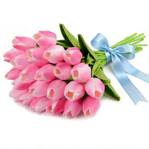 Artificial Tulips Bridal Wedding Festival Decor Bouquet Real Touch PU Flower Bouquet Pack of 20 (Pink) - color: Pink
