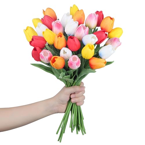 SITUMEIZI Fake Flowers Tulips Artificial PU Flower 15pcs Real Touch 14" for Spring Easter Home Kitchen Wedding Bouquet Bulk Mother's Gift Day Decorations(Multicolor,5-4) - color: Rose Red#,red,yellow,blue Base,sunset Red