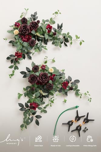 Ling's moment 2PCS Burgundy Artificial Floral Swags Wedding Arch Flowers Table Centerpieces Dark Red Rose Garland Wine Red for Sweetheart Head Table Easel Wall Entryway Board Backdrop - color: Red-bordeaux Red