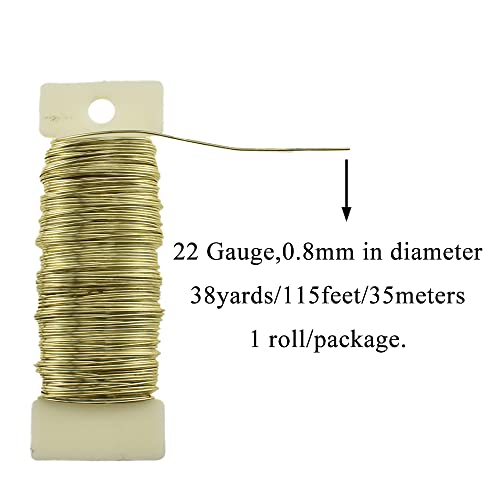 HAHIYO 22Gauge Golden Floral Wire - 1 Roll, 38 Yards (115 Feet) Flexible Paddle Wire for Crafts, Christmas Wreaths, Tree & Flower Arrangement, Bouquet Wrapping, Wedding DIY - color: Golden, size: 22Gauge-1P/38Yards