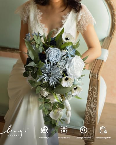 Ling's moment Dusty Blue Bridal Bouquet Cascading, Wedding Bouquets for Bride, 15 Inch Bride Bouquets for Wedding Artificial Flowers Bouquets - color: Blu-dusty Blue, size: Medium 15 Inch